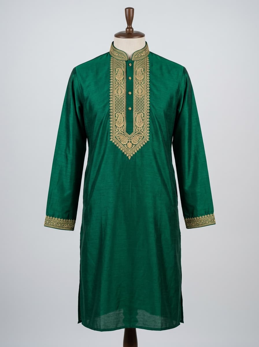 Emerald Green Gold Embroidered Festive Panjabi