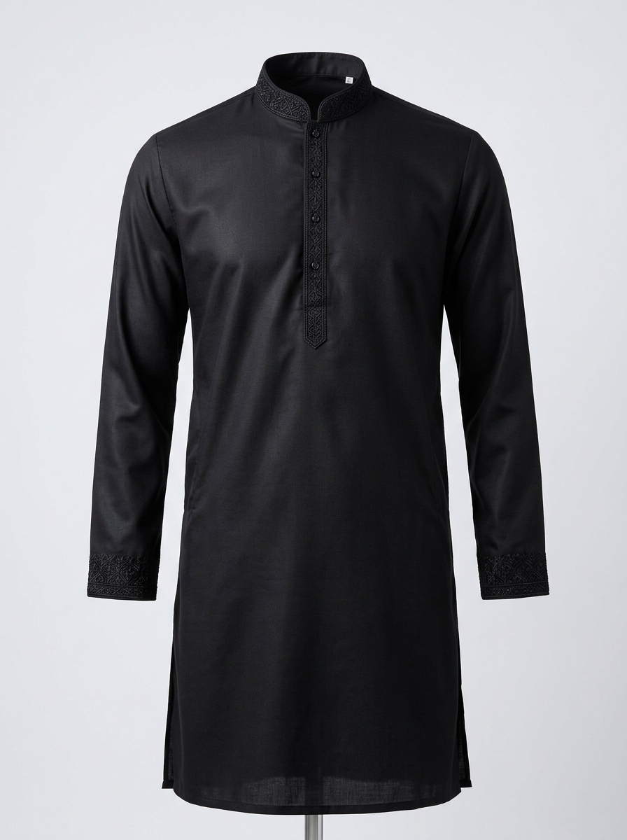 Jet Black Tone-on-Tone Designer Panjabi
